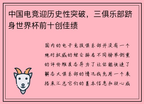 中国电竞迎历史性突破，三俱乐部跻身世界杯前十创佳绩