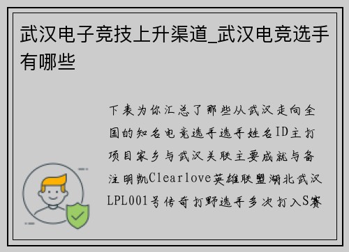 武汉电子竞技上升渠道_武汉电竞选手有哪些